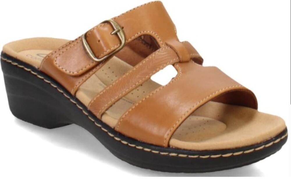 Clarks Merliah Pearl Tan Leather Adjustable Buckle Summer Slip On Sandal 9